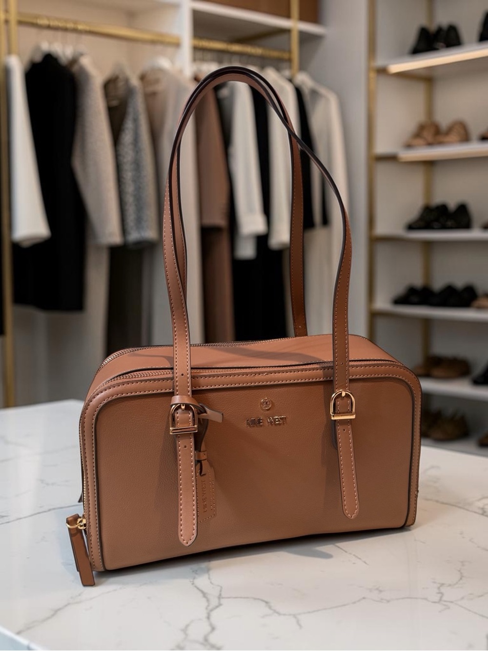 Nine West Cognac Tan Structured Shoulder Bag with Gold Hardware